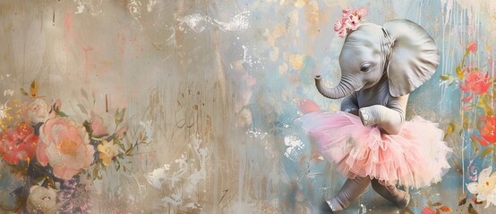 A cute elephant ballerina in a pink tutu dress is standing, against an old wall with painted...