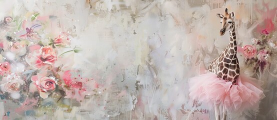 A cute elephant ballerina in a pink tutu dress is standing, against an old wall with painted flowers. The background features soft pastel colors and delicate brushstrokes, creating a dreamy atmosphere