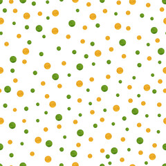 Abstract polka dot seamless pattern. Orange and green random watercolor textured dots on white background. Colorful dotted pattern. Retro seamless pattern for textiles, wrapping paper, scrapbook.