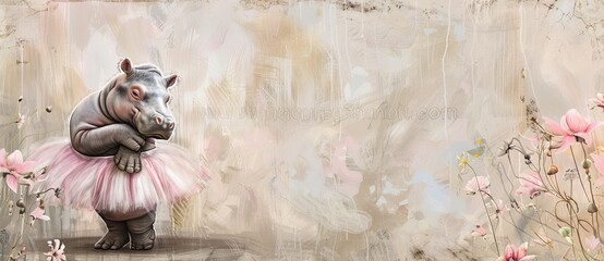 A cute Hippo ballerina in a pink tutu dress is standing, against an old wall with painted flowers. The background features soft pastel colors and delicate brushstrokes, creating a dreamy atmosphere