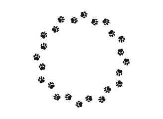 Circular frame with pet's paw print. Black silhouette pathway of dog or cat footprints arranged in a circle. Frame with pet footprints for design of shop windows, websites, etc. Vector illustration.