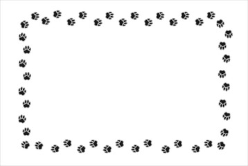 Rectangular frame with pet paw print. Black silhouette of a path of dog or cat footprints . Frame with pet footprints for design of shop windows, websites, etc. Vector illustration. © Sviatlana