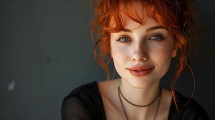 Fototapeta premium A woman with red hair and a black shirt is smiling at the camera. She has a necklace around her neck