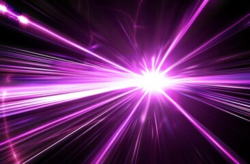 A purple laser beam shines on the black background, emitting rays of light and creating an abstract composition