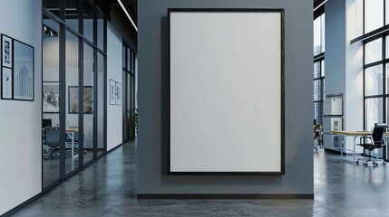 Large blank photo frame and banner in contemporary co-working office