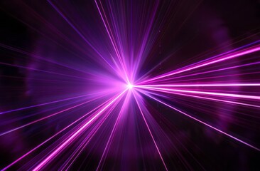 A purple laser beam shines on the black background, emitting rays of light and creating an abstract composition