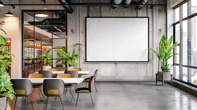 Large blank photo frame in modern co-working office interior