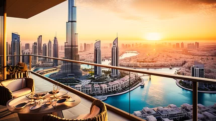 A balcony overlooking a city and ocean with a view of the Burj Khalifa.