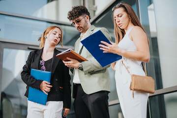 Business professionals gathered outside in an urban setting, discussing project plans, financial...