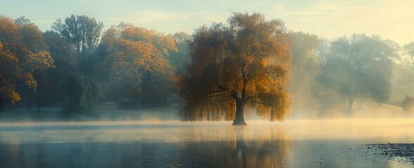 A Single Tree Stands in a Misty Autumn Morning Lake