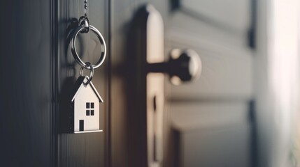 wooden door keyhole, key with house key chain,