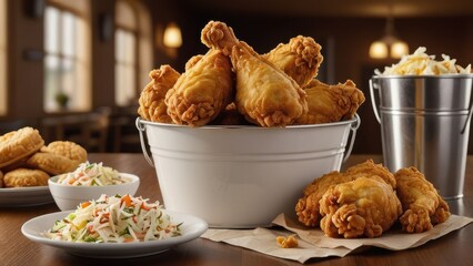 A detailed hyperrealistic image of a fried chicken bucket filled with golden, crispy chicken pieces, accompanied by coleslaw and buttery biscuits.