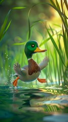 Obraz premium 3D cartoon duck diving in a pond with reeds.