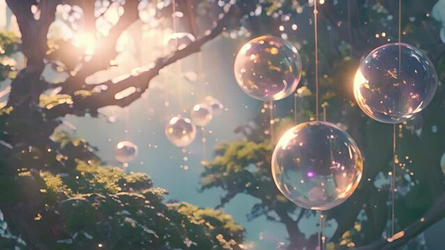 High in the treetops of a dense rainforest a family of fairies have hung their enchanted wind chimes which emit a soft ethereal melody as they glide on the breeze.