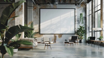 Large blank photo frame in modern co-working office interior
