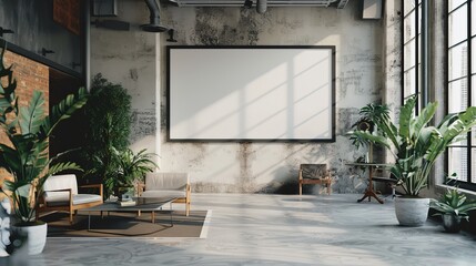 Minimalist workspace with large photo frame and empty banner space