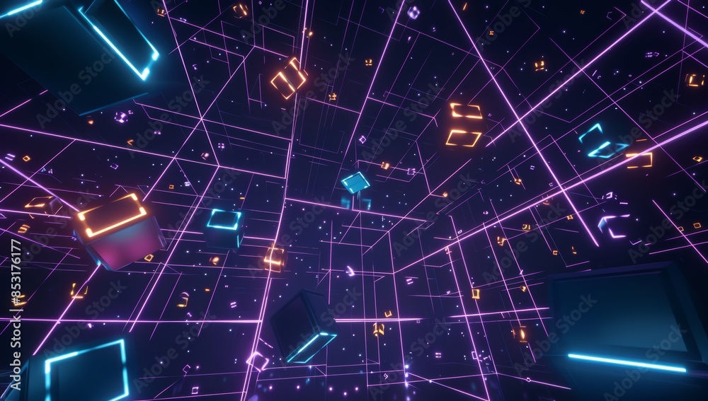 Poster a dark background with neon grid lines and floating geometric shapes, creating an immersive virtual 