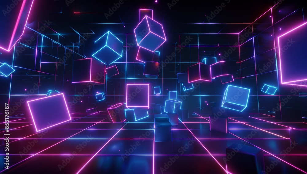 Poster a dark background with neon grid lines and floating geometric shapes, creating an immersive virtual 