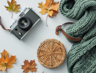 Autumnal Flat Lay With Camera, Knitted Scarf, and Wicker Baskets