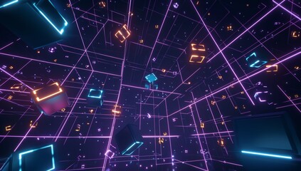 A dark background with neon grid lines and floating geometric shapes, creating an immersive virtual space for a VR video game interface.