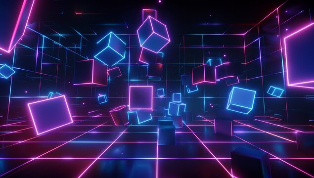 A dark background with neon grid lines and floating geometric shapes, creating an immersive virtual space for a VR video game interface.