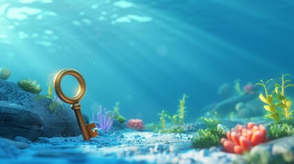 3D cartoon key at the bottom of the sea.