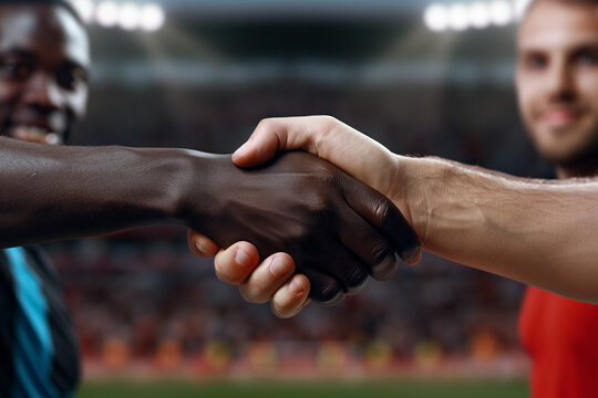 a firm handshake between two players of different ethnicities, symbolizing unity and sportsmanship. The background is a blurred stadium with lights, capturing the spirit of cooperation in sports.
