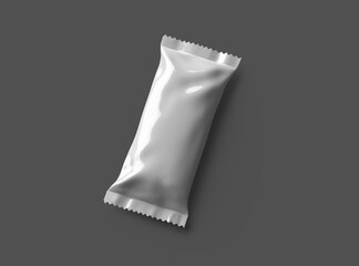 3D render for a glossy generic, sealed ice-cream packaging bag with crimped edges on a dark background