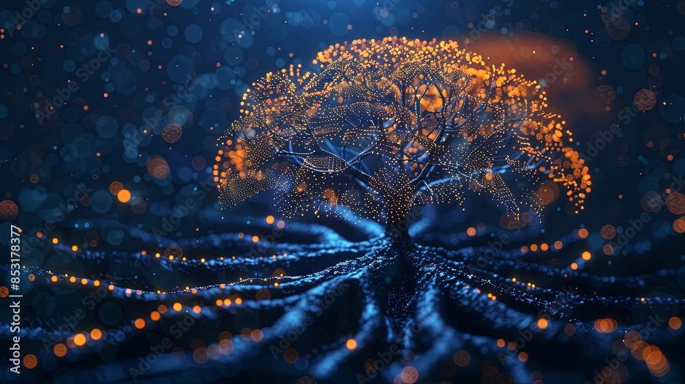 Poster glowing tree of life on blue background, branches are connected by glowing lines technology
