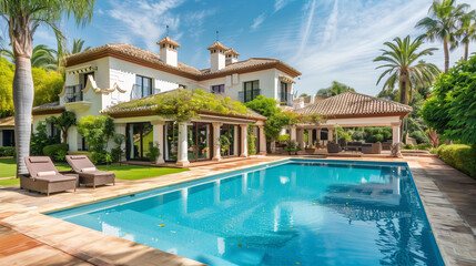 Spanish villa swimming pool and tropical garden