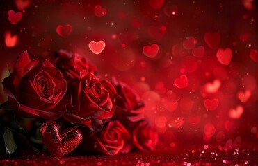 Naklejka premium A red background with heartshaped roses and small hearts in the foreground, creating an atmosphere of love for Valentine's Day