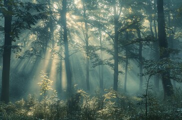 Obraz premium Sunbeams Illuminating a Foggy Morning Forest