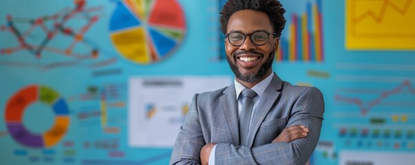 Friendly businessman smiling with overlapping colorful pie charts and graphs in the background
