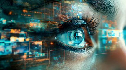 A close-up view of a human eye reflecting intricate digital patterns and data, representing the convergence of human vision and advanced technology, symbolizing the future of AI and human interaction.