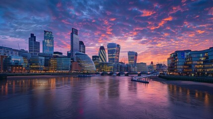 Fototapeta premium Beautiful city skyline at sunset with colorful sky and reflections in the water.