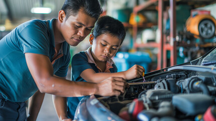 A vibrant telephoto angle capture of a father and son fixing a car in the garage, their teamwork and bond evident in their focused expressions, environmental scientists, engineers,