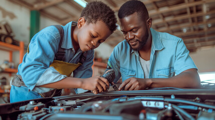 A vibrant telephoto angle capture of a father and son fixing a car in the garage, their teamwork and bond evident in their focused expressions, environmental scientists, engineers,