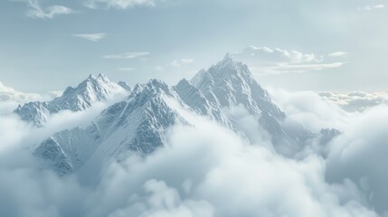 Snow-capped mountain peaks rise through dense clouds, bathed in soft light. The serene, ethereal scene conveys the majestic beauty and tranquility of high alpine environments.