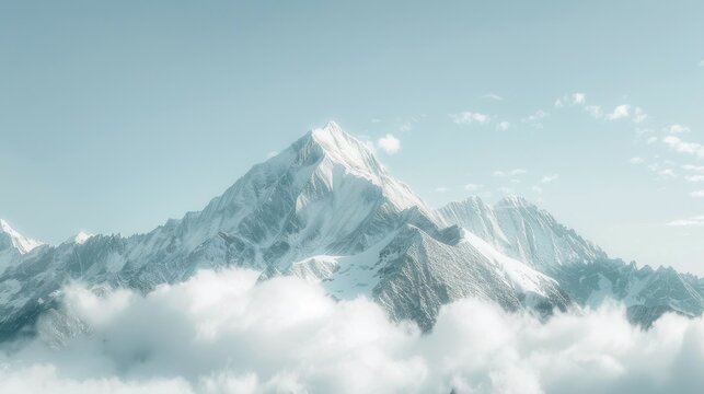 Majestic Snow-Capped Peaks: Ethereal Mountain Landscape with Sharp Ridges and Clear Blue Sky Above Clouds