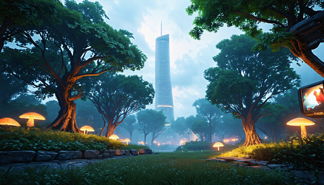 Futuristic neon forest with glowing mushrooms and skyscraper - Powered by Adobe