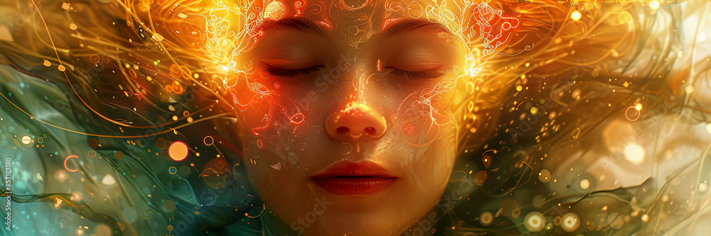 Wall mural serene depiction woman face, illuminated radiant celestial aura, chakras mystical sacred universe