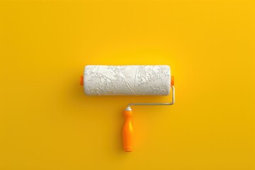 Roll of white paint and orange roller on yellow background artistic tools for home improvement and interior design
