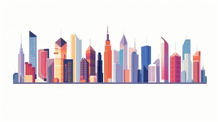 Colorful cityscape skyline with modern skyscrapers and buildings, vibrant urban landscape on white background