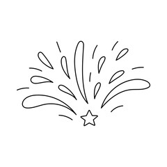 Cute doodle firework with stars for holidays, celebration and festival. Outline sparkling salute as sign of Independence day, 4th July, freedom. Hand drawn isolated black and white illustration.