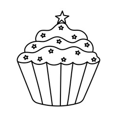 Cute doodle cupcake with star decoration. Outline icing muffin as symbol of Independence day, 4th July, freedom, democracy. Hand drawn black and white illustration isolated.