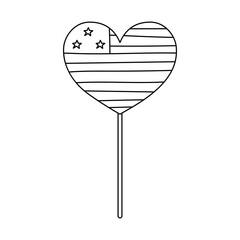 Cute doodle American flag in the shape of heart on the stick. Outline US flag as sign of Independence day, 4th July, democracy. Hand drawn black and white illustration isolated on background.