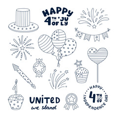 Cute set with doodle patriotic symbols of USA Independence day. Fireworks, Uncle Sam hat, medal, cupcake, balloons, flag, lettering, etc. Outline hand drawn national signs for 4th July celebration.