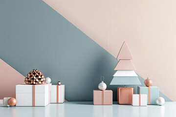 Obraz premium Christmas zero waste, eco friendly packaging gifts in kraft paper , eco christmas holiday concept, eco decor banner Composition Christmas tree,gift boxes Christmas balls,color grey, blue and copper, 