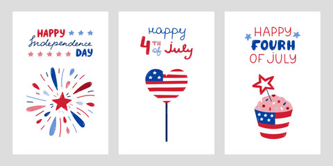USA Independence day set of posters with hand drawn lettering and cartoon clipart. Cute hand drawn national symbols of 4th July. Firework, heart US flag, cupcake with star.