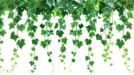 Fototapeta premium Green Ivy Leaves Tropic Plant Vine with Flower Blooms Hanging and Climbing on White Background